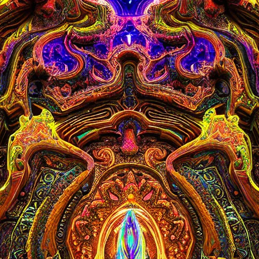 Prompt: a beautiful intricate stone carving of a sprawling psychedelic cathedral populated by mandelbrot fractals by android jones, carved soap, unreal engine, splashes of neon, volumetric lighting, dynamic lighting, bright, dramatic lighting, high contrast, neon glow, carved marble, opalescent, sacred geometry, religious, angelic, catholicpunk, stark, trending on artstation