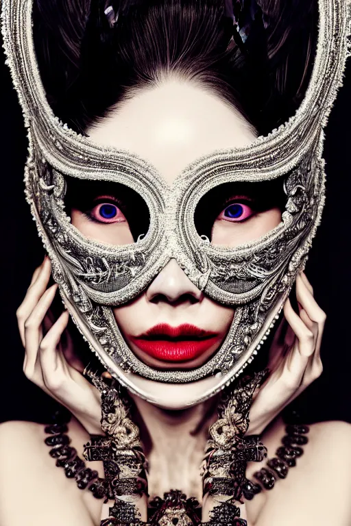 Prompt: a portrait of a hyper detailed full faced mask detailed stitching, elaborate, extravagant beautifully lit, cinematography, 8 k post production, atmospheric background, ambient occlusion, global illumination by balenciaga, margiela art station trending, concept art