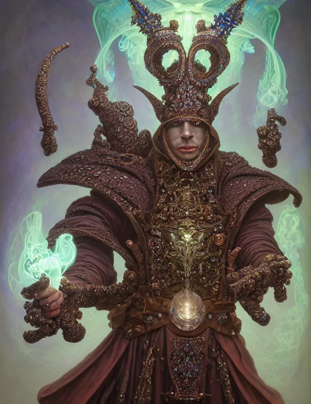 Image similar to front shot of a court jester character, hyperdimensional, bioluminescent hypercubes, ((intricate)), elegant, highly detailed, centered, (((artstation, concept art, smooth, sharp focus, artgerm, Tomasz Alen Kopera, Peter Mohrbacher, donato giancola, Joseph Christian Leyendecker, WLOP, Boris Vallejo))), mugshot!!!!!, ugly!!!!!!, octane render, nvidia raytracing demo, grainy, muted, 8K, digitalblasphemy