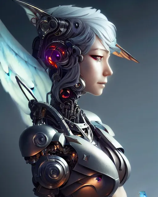 Prompt: 3 / 4 view of a cyborg woman with metal wings, pixie character, genshin impact, fantasy magic, dark light night, intricate, elegant, sharp focus, illustration, highly detailed, concept art, matte, art by wlop and artgerm and greg rutkowski, anime, trending on artstation