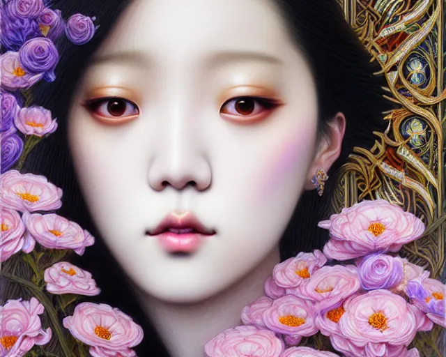 Image similar to jisoo from blackpink, portrait, rococo and art nouveau fusion, iridescent diaphanous refractive and reflective flower bouquet, tarot card, hyperrealistic, highly detailed, deep focus, intricate, elegant, digital painting, smooth, sharp focus, illustration, ultra realistic, 8 k, art by karol bak and agnes cecile