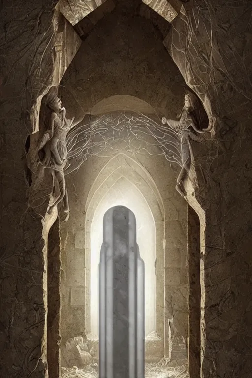 Prompt: a doorway in a stone building with a light coming through it, a marble sculpture by matthias jung, ahmed karahisari and daniel merriam, dartksynth egyptian art, featured on pinterest, gothic art, marble sculpture, reimagined by industrial light and magic, intricate