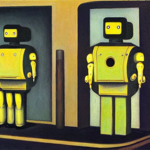 Prompt: robots queue up for eye scanner, grant wood, pj crook, edward hopper, oil on canvas