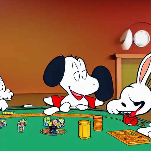 Image similar to a highly detailed vector picture of bugs bunny and captain cruch and snoopy and bender playing poker, octane render, 4 k resolution, trending on artstation, masterpiece