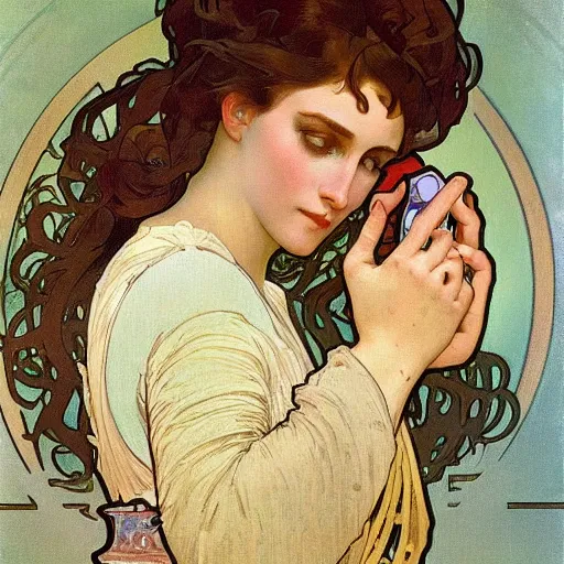 Image similar to a beautiful portrait of a woman hypnotially entranced by her iphone. highly detailed face. art by alphonse mucha and alphonse mucha and alfons mucha