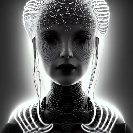 Prompt: closeup portrait of an absurdly beautiful, graceful, sophisticated, fashionable cyberpunk mechanoid gravure idol, an ultrafine hyperdetailed illustration by irakli nadar, matt wisniewski style, intricate linework, porcelain skin, neon jellyfish headdress, fractal ivory carved ruff, unreal engine 5 highly rendered, global illumination, radiant light, detailed and intricate environment