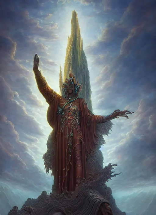 Image similar to a gigantic statue holding a city in his hands, in the style of tomasz alen kopera and fenghua zhong and peter mohrbacher, mystical colors, rim light, beautiful lighting, 8 k, stunning scene, raytracing, octane, trending on artstation