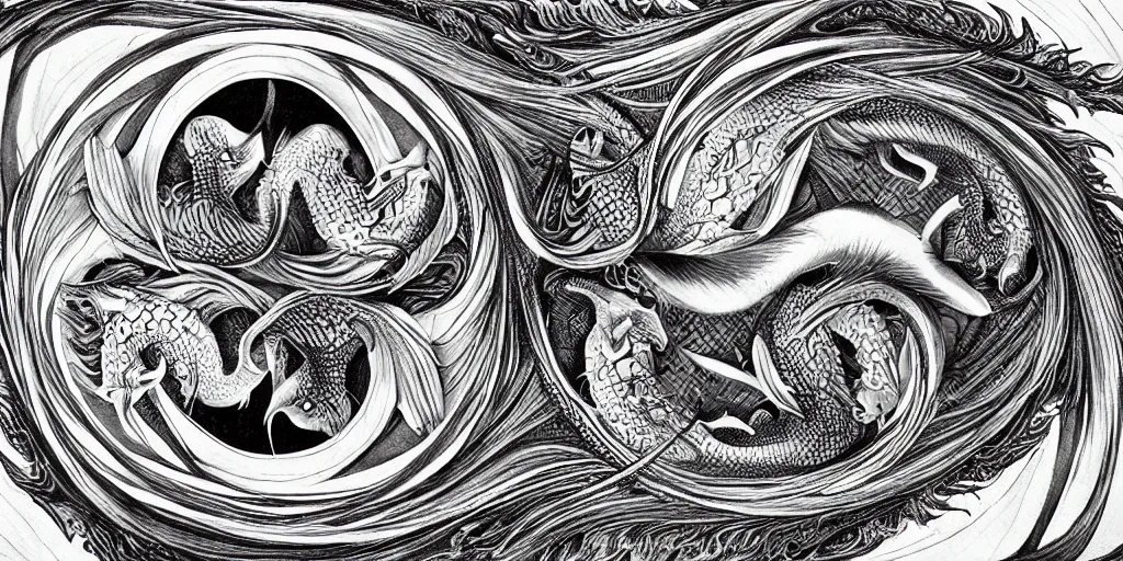 Image similar to realistic scene of dragons as ying yang, golden, delicate, hyper realism, 1 4 5 0, ink, ultra realistic, 8 k