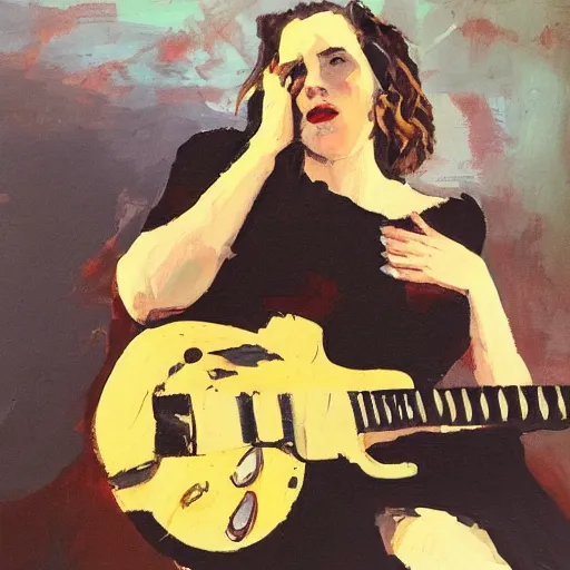 Prompt: Anna Calvi playing electric guitar, oil painting by Jason Shawn Alexander