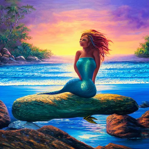 Image similar to a beautiful painting of a mermaid sits on a rock and stares at the island, sunset lighting, rim light, hyper realistic, 1 0 5 mm, amazing