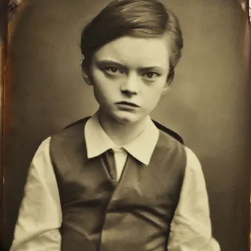 Image similar to daguerreotype ambrotype of sadie sink as a boy in oversized suit, highly detailed,