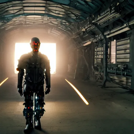 Image similar to movie still of a cool cyborg, cinematic composition, cinematic light, reimagined by industrial light, by edgar wright