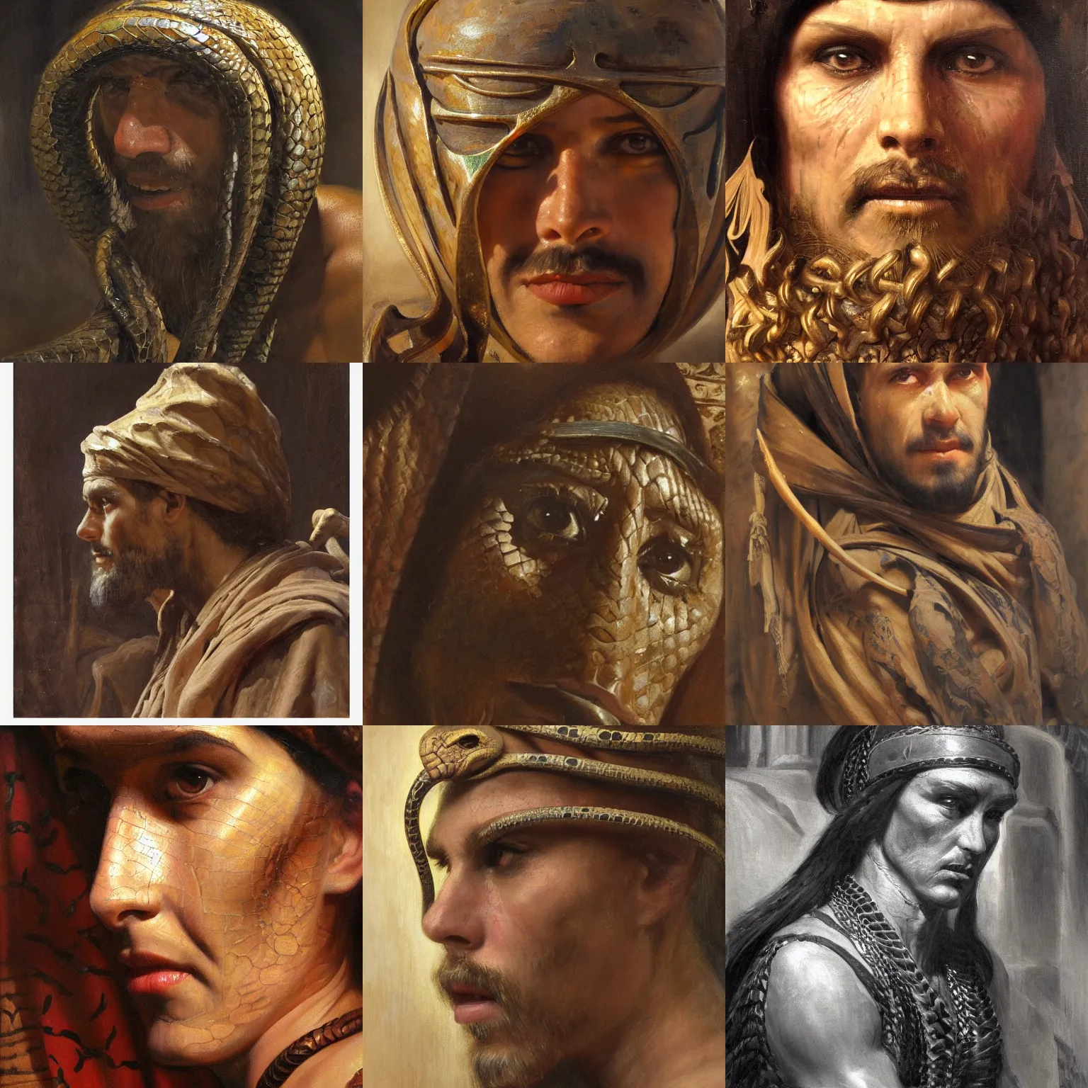 Prompt: snake cultist orientalism face detail by theodore ralli and nasreddine dinet and anders zorn and edwin longsden long, bronze age, sword and sorcery, oil on canvas, masterful intricate artwork, excellent lighting, high detail 8 k