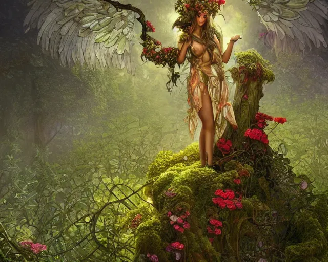 Image similar to a male angel made of vines and flowers and moss, standing in front of a beautiful cottage, a digital painting by thomas canty and thomas kincade and ross tran, art nouveau, atmospheric lighting, trending on artstation