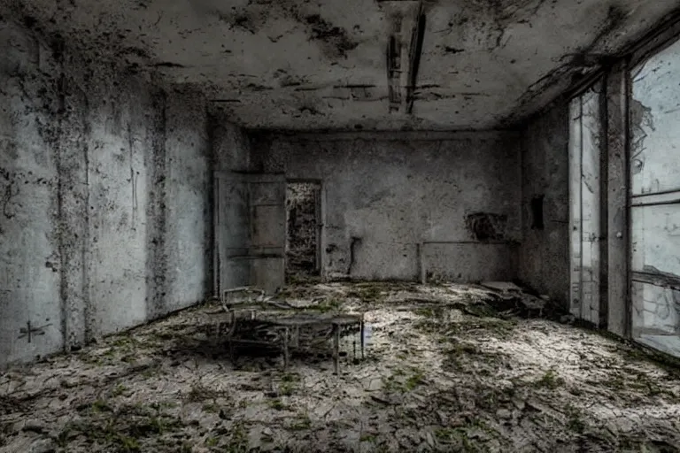 Image similar to matte paint andrey Tarkovsky stalker movie abandoned building interiors,