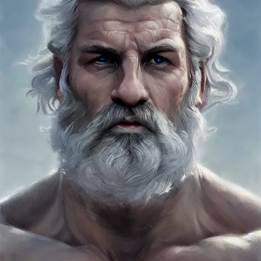 Image similar to painted portrait of rugged zeus, greek god, 4 0 years old, handsome, white hair, soft hair, upper body, muscular, hairy torso, fantasy, intricate, elegant, highly detailed, digital painting, artstation, concept art, smooth, sharp focus, illustration, art by greg rutkowski