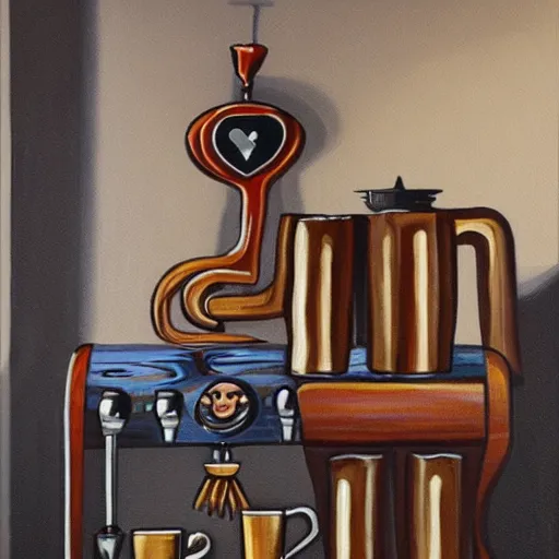 Image similar to a painting of a humanoid espresso machine that makes coffee from human souls
