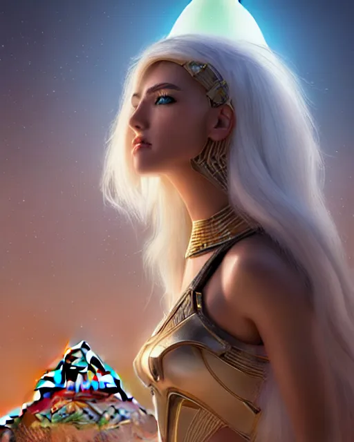 Image similar to girl exploring a pyramid, egyptian cyborg armor, white hair, atmosphere, gold, detailed, intricate, beautiful face, cinematic lighting, trending on artstation, blue eyes, 4 k, focused, extreme details, cinematic, masterpiece, by akihito tsukushi