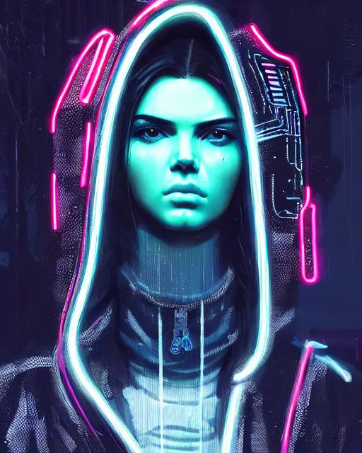 Image similar to neon operator kendall jenner, cyberpunk futuristic neon, reflective puffer jacket, decorated with traditional japanese ornaments by ismail inceoglu dragan bibin hans thoma greg rutkowski alexandros pyromallis nekro rene maritte illustrated, perfect face, fine details, realistic shaded, fine - face, pretty face