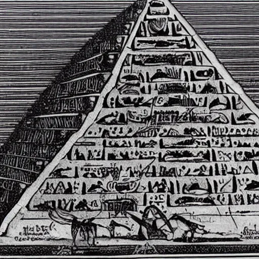 Image similar to an old journal page with a rich illustration of aliens building the Great Pyramid of Giza