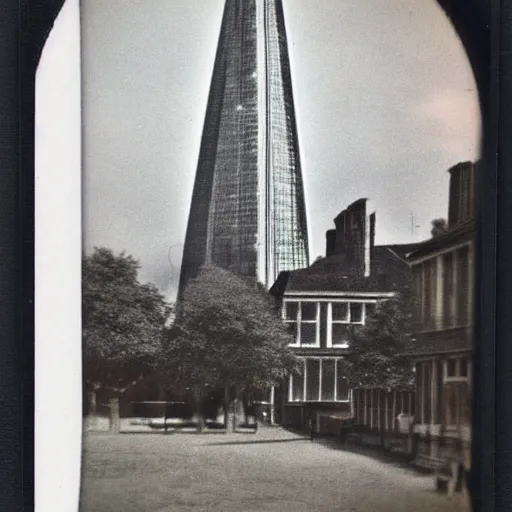 Prompt: antique photograph of the London Shard taken on a polaroid camera, nostalgic