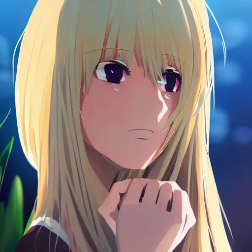 Prompt: a beautiful blond anime girl made from plants, full body shot, symmetrical face, 8 k, shallow depth of field, moody lighting, cinematic lighting,