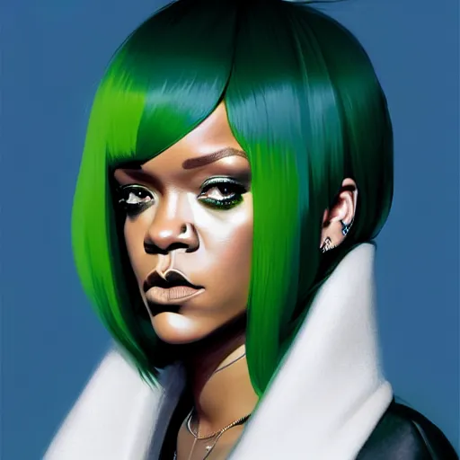 Image similar to Rihanna profile picture by Greg Rutkowski, mod green Bob wig, hooded fur coat, asymmetrical, futuristic, volumetric lights, streetwear, studio ghibli, Organic Painting , Matte Painting, geometric shapes, hard edges, trending on the artstation, fantasy LUT, realistic by Sachin Teng + Martin Grip + Moebius + Patrick Gleason, smooth, sharp focus, illustration, art by John Collier and Albert Aublet and Krenz Cushart and Artem Demura and Alphonse Mucha, techwear, Industrial Scifi, detailed illustration, character portrait,