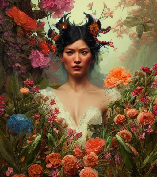 Image similar to portrait of a chullachaqui, surrounded by flowers by karol bak, james jean, tom bagshaw, rococo, trending on artstation, cinematic lighting, hyper realism, octane render, 8 k, hyper detailed.