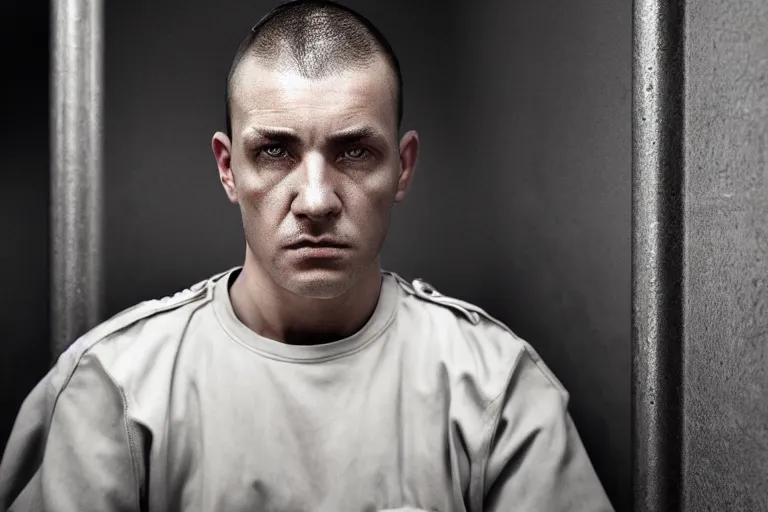 Prompt: an ultra realistic, cinematic headshot portrait of a male prison guard, sat in an office, fire, dramatic, soft light, dreamy, facial features, detailed, deep focus, movie still, dramatic lighting, ray tracing, by michal karcz and yoshitaka