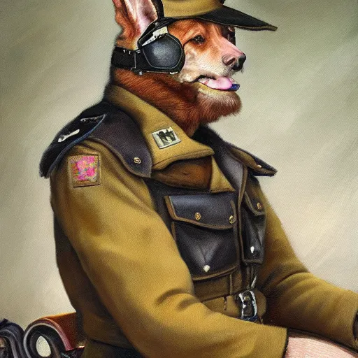 Image similar to a oil painting of a anthropomorphic german shepherd beast - man, wearing military outfit, sitting on an armchair