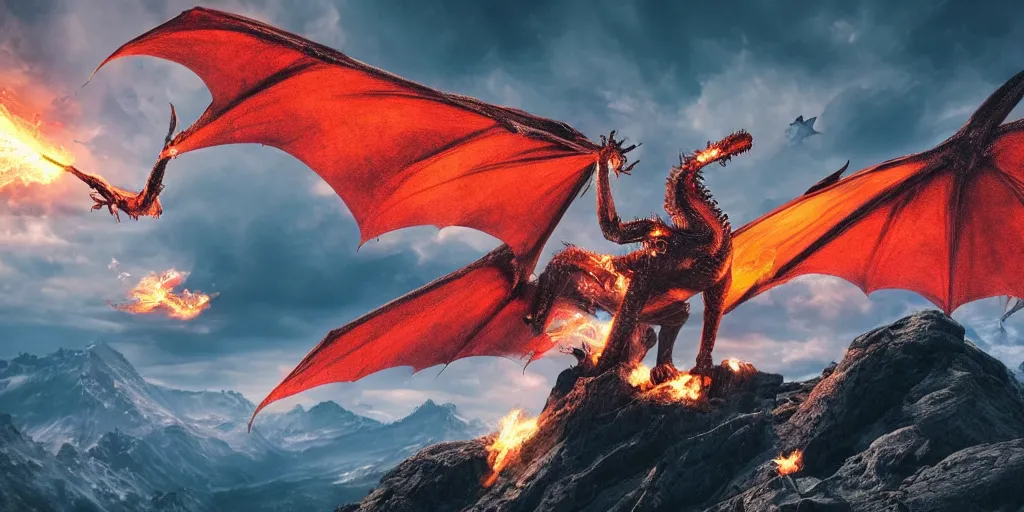 Prompt: A single dragon with half open wings breathing fire on the top of a mountain, epic composition, detailed and intricate image, cinematic, 4K