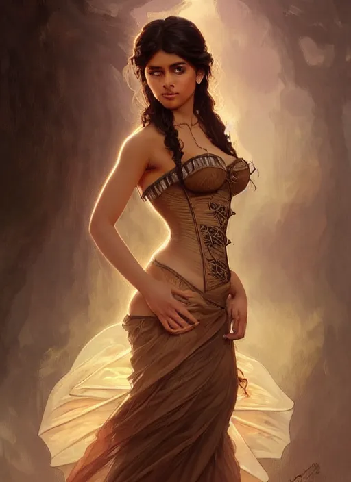 Image similar to cute brown woman wearing a translucent corset dress, fantasy, intricate, highly detailed, digital painting, artstation, concept art, wallpaper, smooth, sharp focus, illustration, art by artgerm and greg rutkowski and alphonse mucha