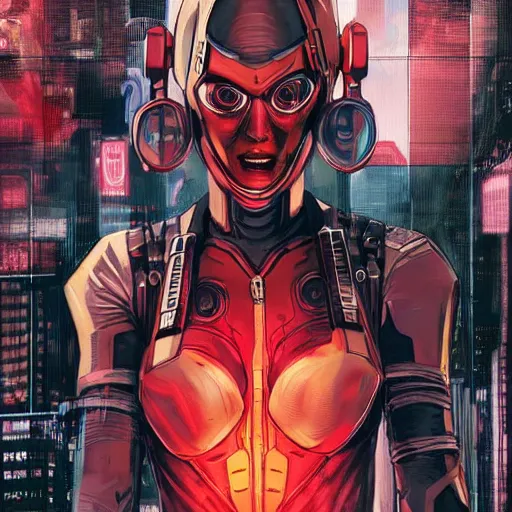 Image similar to A comic book cover of a female cyberpunk mercenary wearing cybernetic sci fi head gear and earpiece with red evil eyes in the style of Marvel Comics, highly detailed, oil on canvas