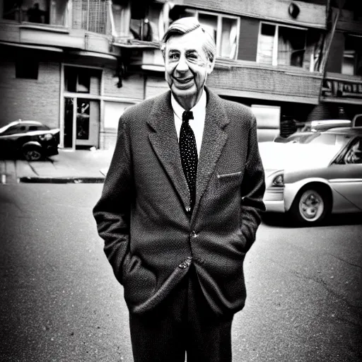 Prompt: Mr Rogers as a pimp, street photography, detailed