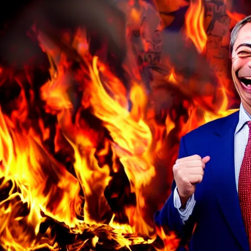 Prompt: nigel farage laughing holding burning eu flag, studio photograph, hd, studio