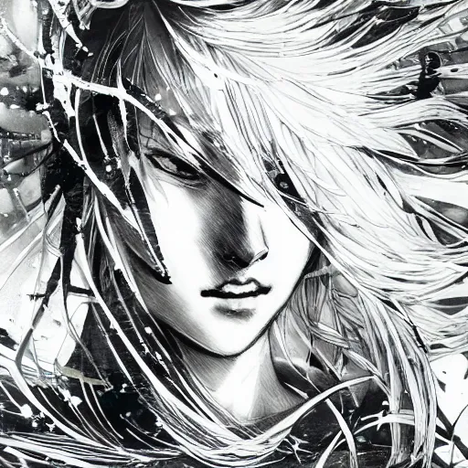 Image similar to yoji shinkawa blurred and dreamy illustration of an anime girl with black eyes, wavy white hair fluttering in the wind wearing elden ring armor and crown with engraving, abstract black and white patterns on the background, art by yoshitaka amano, noisy film grain effect, highly detailed, renaissance oil painting, weird portrait angle, blurred lost edges, three quarter view