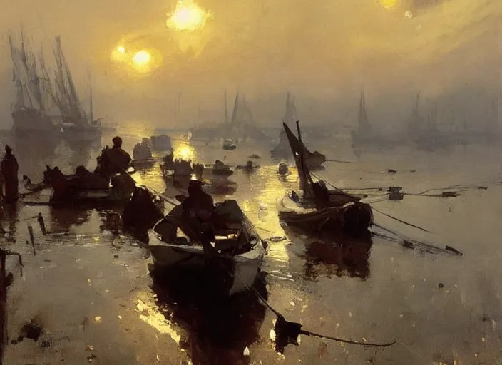 Image similar to oil painting of fishing village in dawn by anders zorn, wonderful art by greg rutkowski, incredible lighting, shadows, beautiful cinematic light, american romanticism by greg manchess, very bright and optimistic