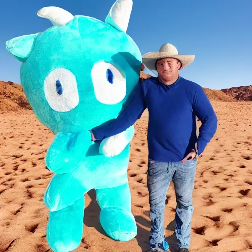 Image similar to blue'snappy gifts'logo human - sized plush doll, looking at the camera, in the desert, holding gift, happy atmosphere, high detail, 8 k