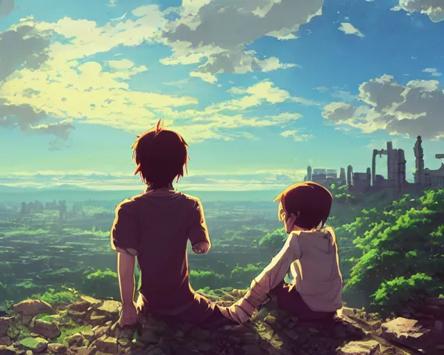 Image similar to a boy and a girl sitting on a hill overlooking the apocalyptic ruins of a city, rubble, ruins, post-apocalyptic, gloomy, end of the world, dust. Girl has long, flowing auburn hair. By Makoto Shinkai, Stanley Artgerm Lau, WLOP, Rossdraws, James Jean, Andrei Riabovitchev, Marc Simonetti, krenz cushart, Sakimichan, D&D trending on ArtStation, digital art.