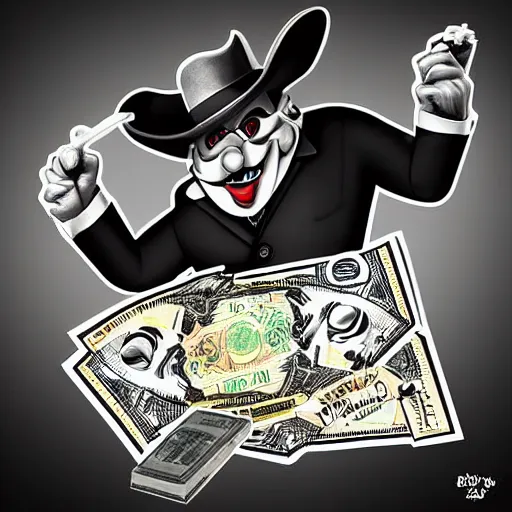 Image similar to digital art, highly detailed, evil monopoly man, money, cigar, oil, smoke, by blue sky studios.
