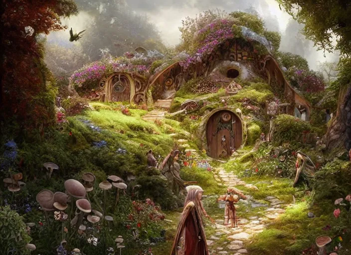 Image similar to winged female elves in the shire scenery landscape, lord of the rings, mushroom house, flowers, highly detailed, perfect lighting, perfect composition, 8 k, artgerm, derek zabrocki, greg rutkowski