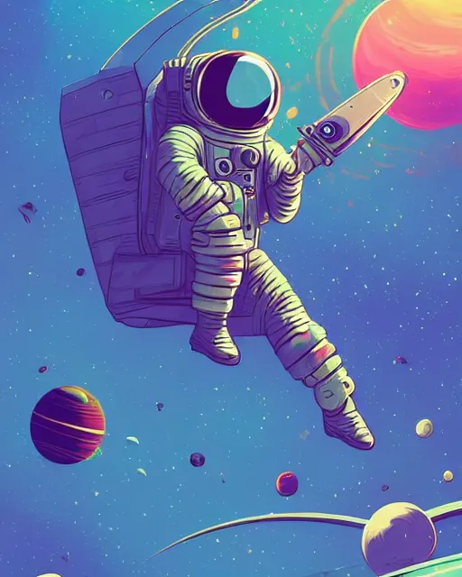 Prompt: wide shoot an cosmonaut lie relaxed on a crescent moon between the stars and the planets in outer space, cosmonaut post grunge concept art,psychedelic,high detail,4k, trending on artstation by josan gonzalez and tyler edlin