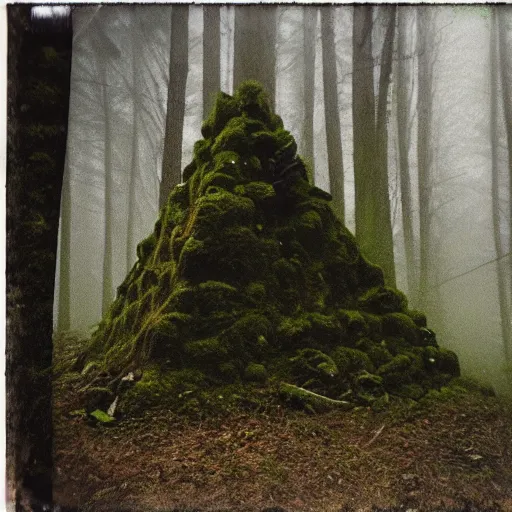 Image similar to a mossy rock pyramid in the middle of a forest clearing at night, dark, foggy, eerie, creepy, unsettling, lost footage, old polaroid, expired film,