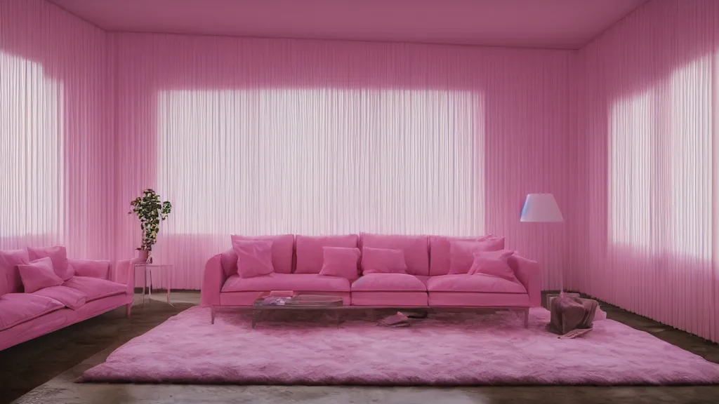 Image similar to pink velour sofa, white walls, daytime, soft light through blinds, pizza party, by herbert james harper, detailed, volumetric lighting, concept art, cinematic, 3 5 mm lens, 4 k