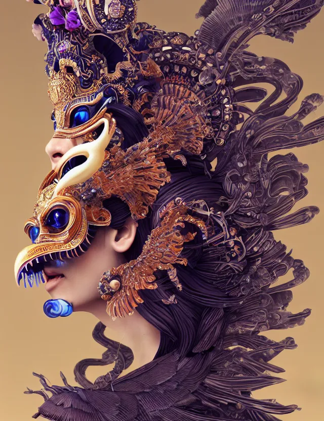 Image similar to 3 d goddess close - up profile portrait with crown, ram skull. beautiful intricately detailed japanese crow kitsune mask and clasical japanese kimono. betta fish, jellyfish phoenix, bio luminescent, plasma, ice, water, wind, creature, artwork by tooth wu and wlop and beeple and greg rutkowski