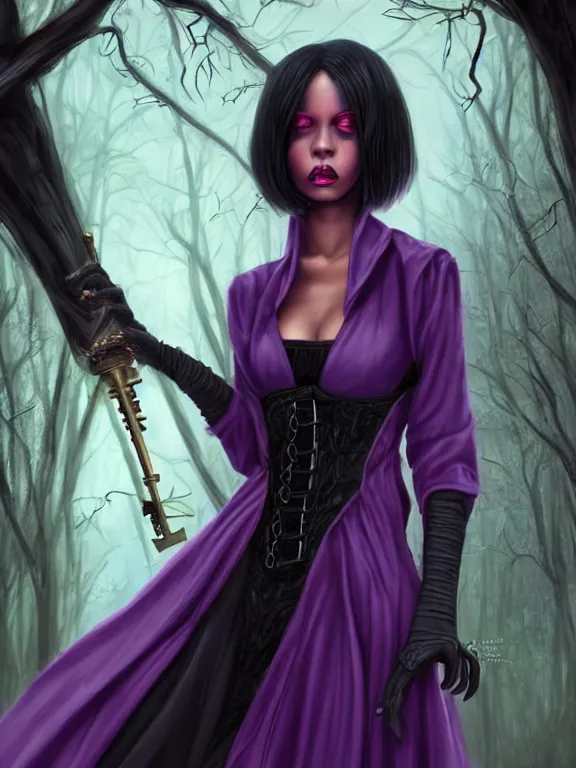 Prompt: full portrait of a dark fantasy female necromancer, black skin, skinny, saggy purple robes, pretty, black bob haircut, red eyes, circlet, corset, finesse, key visual, realistic shaded perfect face, gloom, fine details, forest background, smooth, highly detailed, digital illustration, by artgerm, rossdraws, frank franzzeta