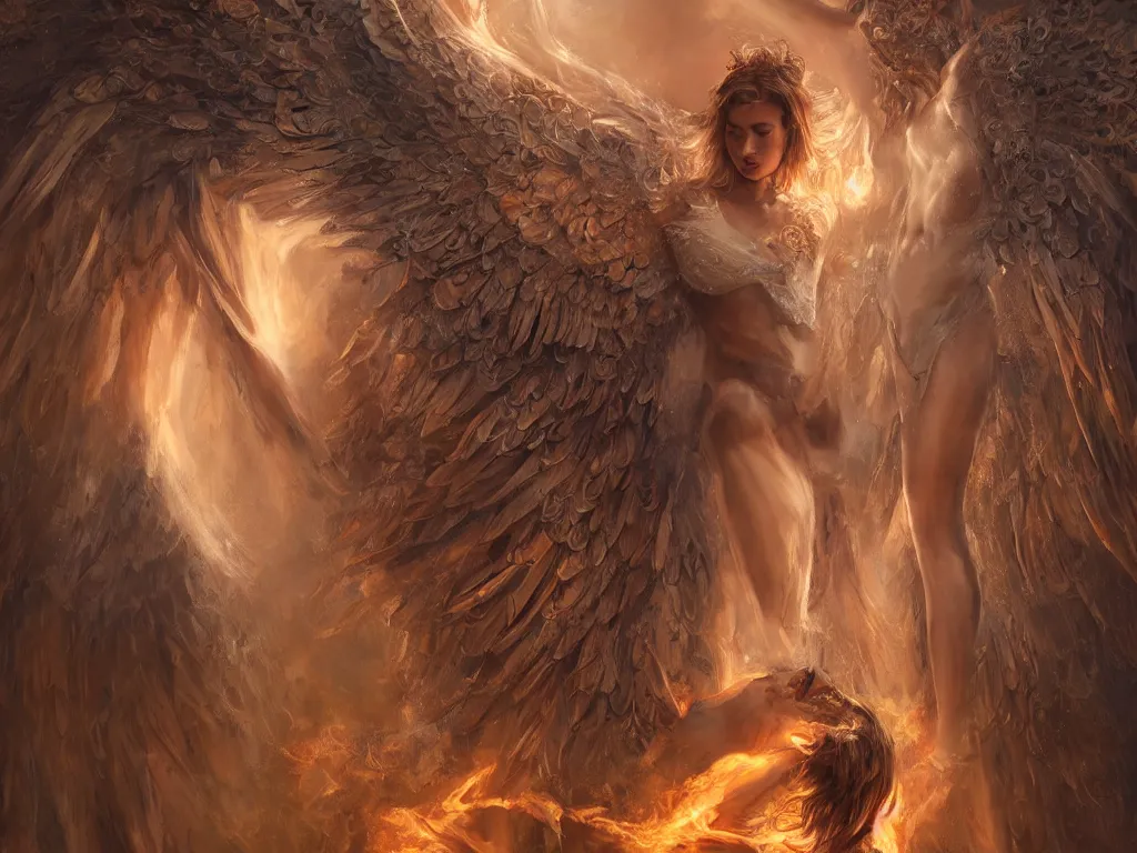 Image similar to angel holding a burning man in his arms, fantasy art, award winning, fantasy magic, intricate, elegant, sharp focus, cinematic lighting, highly detailed, digital painting, concept art, art by wlop and artgerm, masterpiece, trending on artstation, 8 k