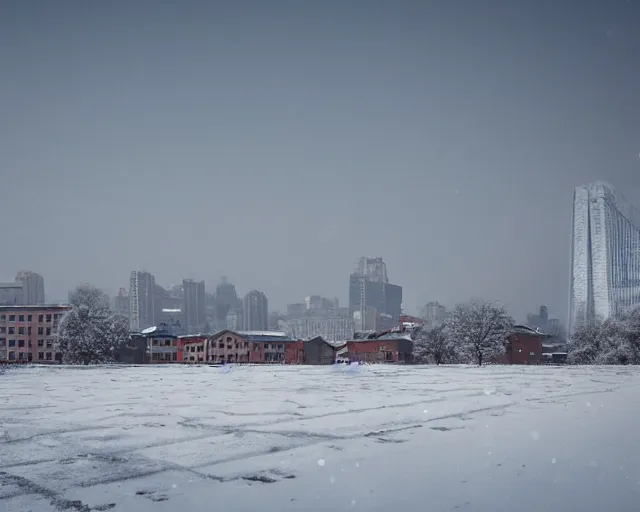 Prompt: a snow covered field with buildings in the background, a matte painting by zlatyu boyadzhiev, featured on unsplash, brutalism, nightscape, quantum wavetracing, photo taken with ektachrome