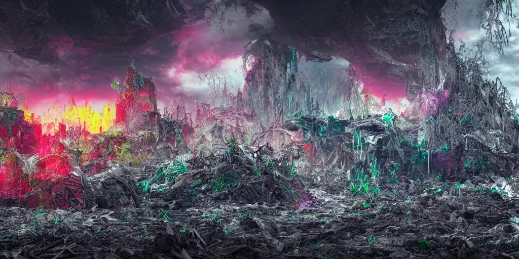 Image similar to ruination, outright devastation, landscape, intricate complexity, horror, rainbow drip paint, psychedelic glitch art, trending on art station, photoreal, 8k, octane render