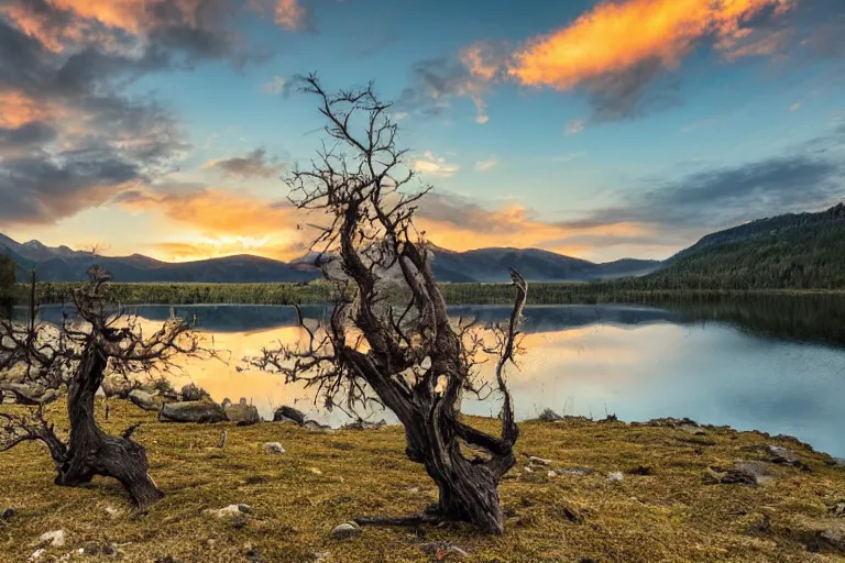 Image similar to landscape of mountains with lake and a dead tree in the foreground , sunset